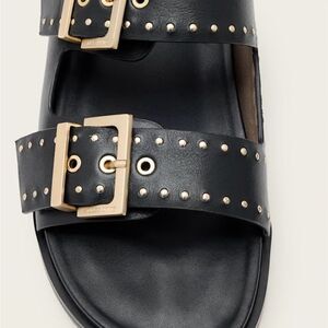 All Saints Black Leather Sandals with Gold Details